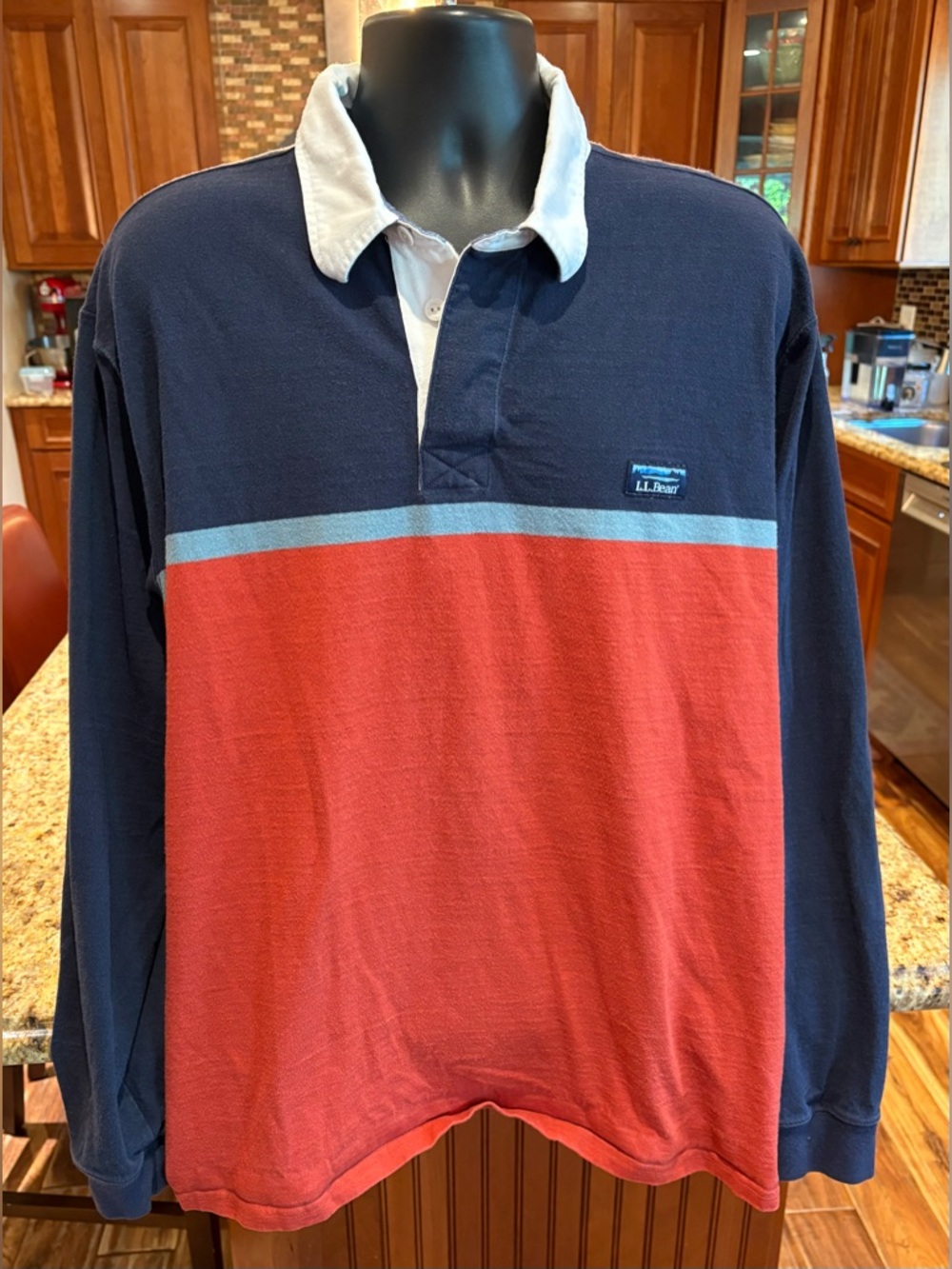 L.L. Bean Long Sleeve Rugby Polo in Navy, orange & grey. 2XL - Picture 2 of 6